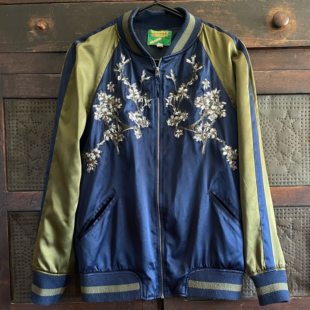 Groovy Monkey Satin Embroidered Bomber Jacket